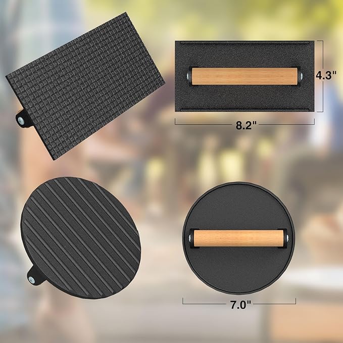 Wildone Burger Press, 7" Round & 8.2"X4.3" Rectangle Heavy-Duty Cast Iron Smash Bacon Press Meat Steak with Wood Handle for Griddle, Sandwich, Panini, Nonstick Pan