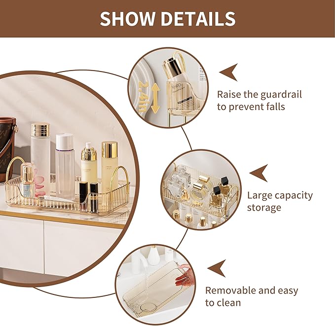 Bathroom Organizer Countertop, Vanity Tray for Skincare Makeup, Counter Organizer for Cosmetics, Toiletries, Lotions, Perfumes (1 Tier, Amber)
