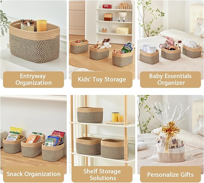 R RUNKA Small Cotton Rope Basket – Storage Bin for Organizing (10.6" x 6.7" x 6.7"), Bathroom Storage Basket for Shelf, Counter & Closet（Camel & Mixed Black）