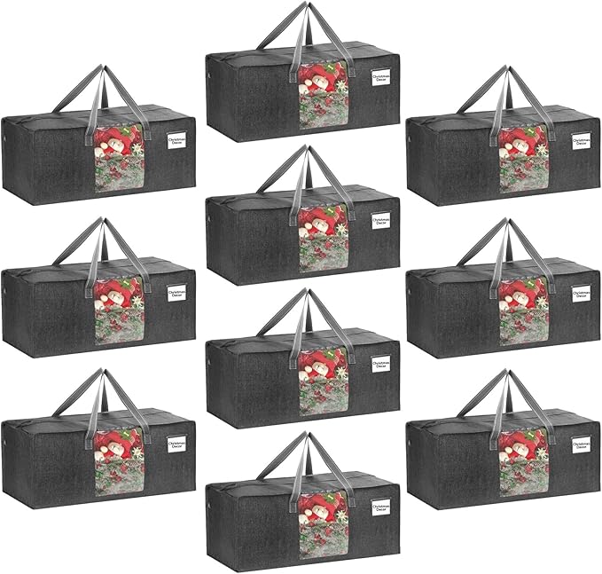 VENO 10 Pack Heavy Duty Moving Bags, Christmas Storage Bins with Lids, Transparent Window Design, Alternative to Moving Boxes, Storage Bags for Clothes, Blankets, Comforters, Pillows (Gray, 10 Pack)