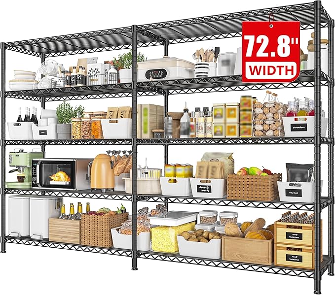 REIBII 72.8" W Storage Shelves Load 1600LBS, 5 Tier Metal Shelving Unit Garage Shelving for Adjustable Storage Rack Heavy Duty Metal Shelves for Basement Pantry Kitchen, 17.7" D x 72.8" W x 70.9" H
