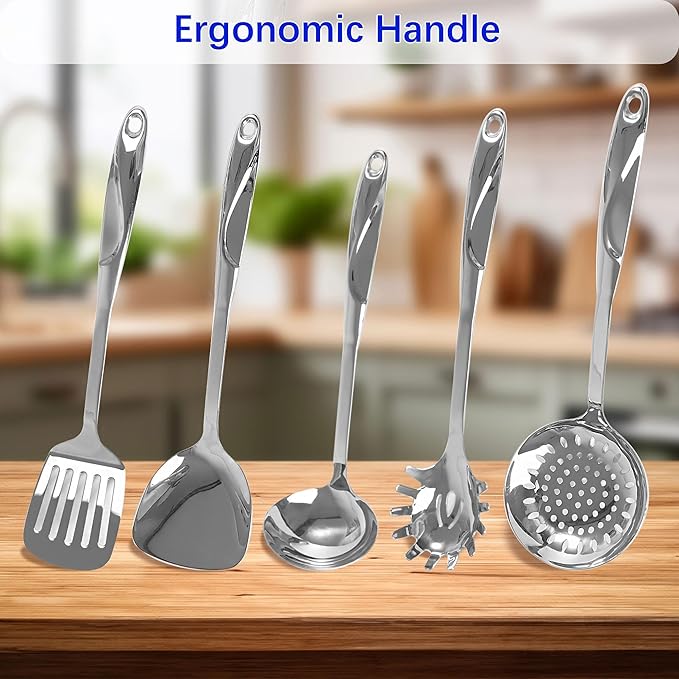 IMEEA 5-Piece Cooking Utensils Set SUS304 Stainless Steel Kitchen Utensils Set Includes Slotted Spatula, Soup Ladle, Solid Turner, Pasta Server & Skimmer
