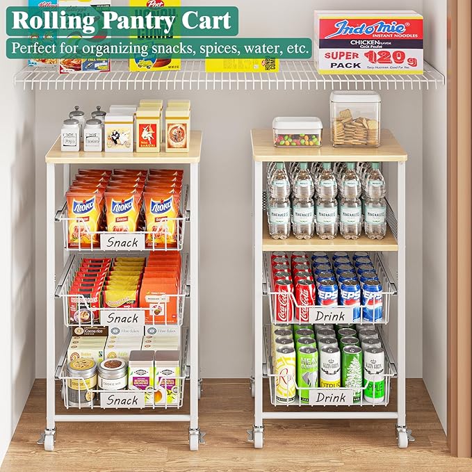 Giwil Vegetable Fruit Basket for Kitchen Pantry Organizers Storage, 4-Tier Utility Rolling Cart on Wheels with Wood Rack and Drawer Wire Baskets for Onions Potatoes Snacks, White