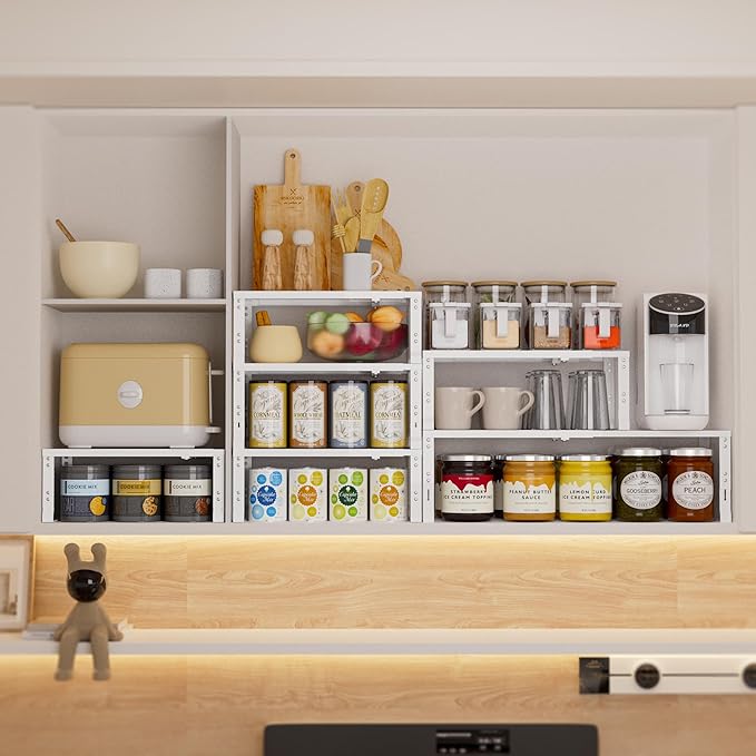 Wobmmi Expandable Spice Rack,Stackable Storage for Cabinet, Multi-Functional Kitchen Shelving,Height-Adjustable,Sustainable Organizer Solution(3Packs/White/Large)