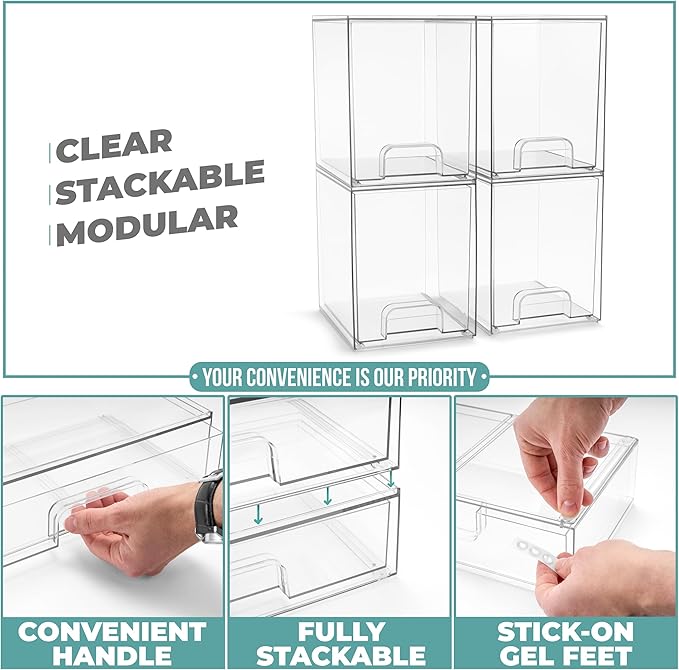Sorbus Stackable Acrylic Storage Drawers,12 Pack Clear Plastic Organizer Bins for Baby Bottles, Makeup, Bathroom, Vanity & Kitchen Countertop Organization, Pull-Out Drawer Design for Cabinets & Pantry