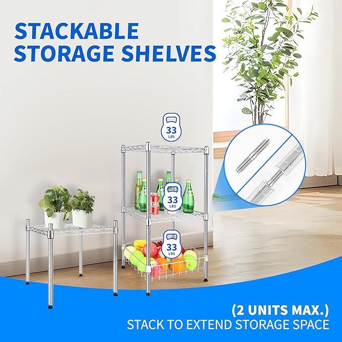 YSSOA 1-Tier Shelving Unit, 15" W x 13.8" D x 15" H Wire Metal Stackable Storage, Chrome