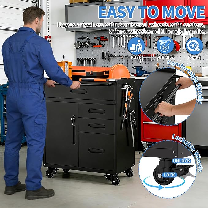 Metal Garage Storage Cabinet with Wheels, Rolling Tool Cabinet with 4 Drawers and 1 Door, Heavy Duty Tool Cabinet with Workbench, Assembly Required, Black