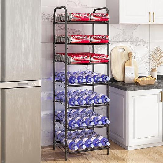 GILLAS 3 5 6 7 8 Tier Water Bottle Storage Rack, Free Standing Vertical Metal,Water Bottle Organizer, Large Capacity Bottled Rack Water Holder Stand for Cabinet Kitchen Party Pantry,Black