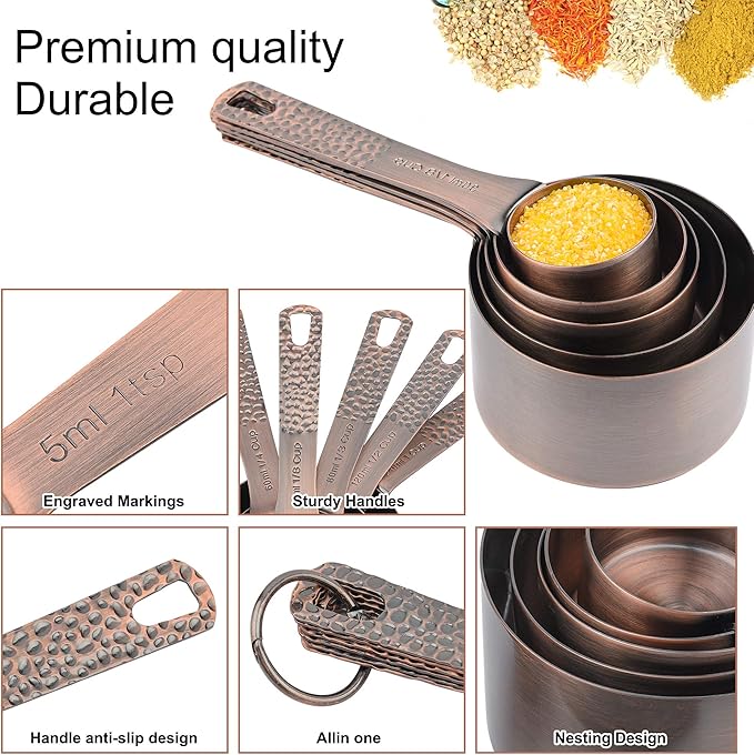 SUNMVEHOT Copper Measuring Cups and Spoons Set, Stainless Steel Measuring Tools Set for Baking & Kitchen, Metric & US 4 Copper Plated Measure Cups and 5 Measure Spoons with Leveler for Wet & Dry