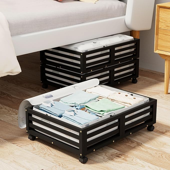Bamboo Under Bed Storage Containers- Underbed Organizer with Wheels with Large Capacity Dust Bag,Sturdy Wood Rolling Under Bed Shoe Storage Organizer 2 Packs (Black, 2 Packs (23.62"×16.54"))