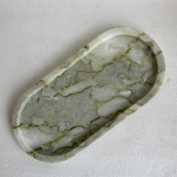 SAIDKOCC Natural Marble Oval Tray Ornaments Vintage Small Tray Storage Dish for Counter, Vanity, Dresser, Nightstand and Desk (Green Emerald)