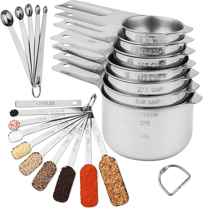 zoyizi Measuring Cups and Spoons Set 22, 18/8 Stainless Steel Long Hanlde Measuring Spoons & Mini Measuring Spoons and 1 Leveler, Metric & US Measure Cup and Spoon for Dry and Liquid