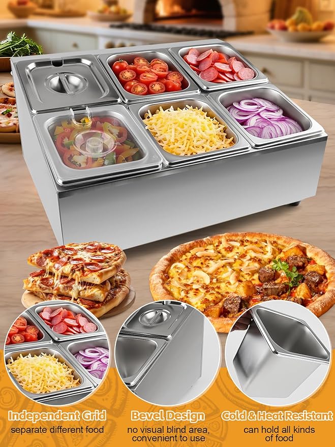 Lanstics Pizza Topping Station Pizza Storage Container Topping containers with Lids Spoon Condiment Organizers Buffet Containers Set for Restaurant Pizza Sauce Jam Fruit Ingredient (6 Pans)