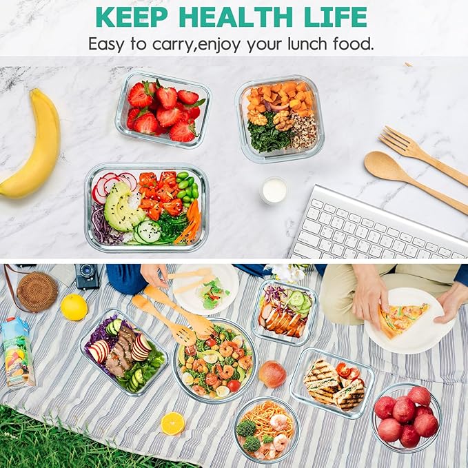 34pcs Glass Food Storage Containers with Lids Set, Airtight Glass Meal Prep Containers (17 Containers & 17 Lids), Leak Proof Lunch Container BPA-Free, Microwave, Oven, Freezer, Dishwasher Safe-Black