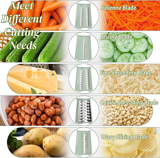 CHDEXU Rotary Cheese Grater with Handle, Manual Vegetable Slicer Grater with 5 Detachable Stainless Steel Blades, Round Grater Slicer Hand Crank Food Chopper for Kitchen with Blade Storage Box