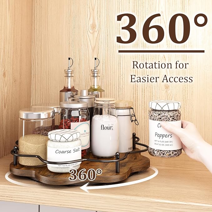 LIAISIMI 12" Lazy Susan Turntable Organizer,Round Wooden Lazy Susan Organization and Rotating Spice Rack for Dining Table,Pantry,Kitchen Countertop,Vanity,Cupboard and More.Vintage Wood(Petal Shape)