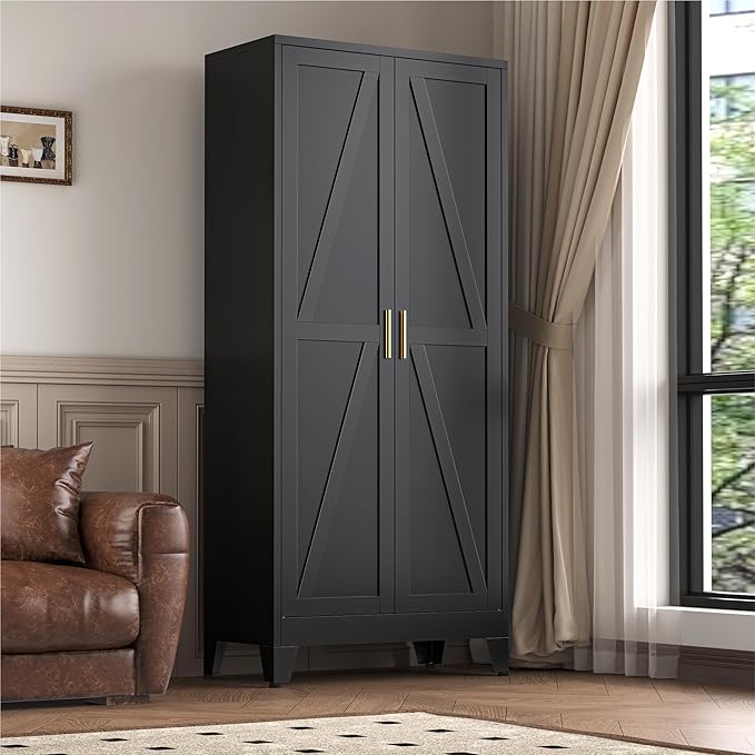 71''Metal Cabinet with 4 Adjustable Shelves,5-Tier Pantry Storage Cabinet,Kitchen Pantry Cabinet for Living Room,Dining Room, Black
