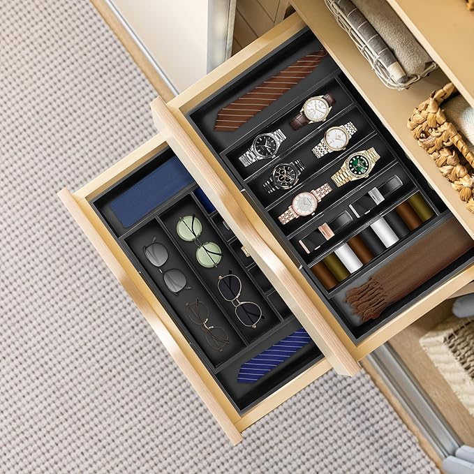 oridom Large Premium Bamboo Silverware Organizer - Expandable Drawer Organizer & Utensil Organizer - 17"x19.7" Cutlery Tray with Dividers for Kitchen Utensils and Flatware (7-9 Slots) (Black)