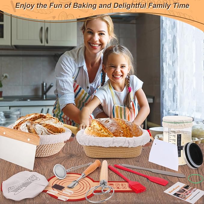 SavEase Sourdough Bread Baking Supplies, Complete Sourdough Starter Kit, 9" Round & 10" Oval Bread Proofing Basket with Sour dough Starter Jar, Bread Making Tools Gifts for Bakers Women Wife Mom