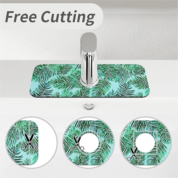 Kitchen Sink Splash Guard，Green palm leaves Faucet Mat Sink Gadgets-Super Absorbent Fast Drying Mat Drip Catcher for Kitchen, Bathroom,Sink Mat, Dish Drying Mat, Bathroom(15" X 5.5" )