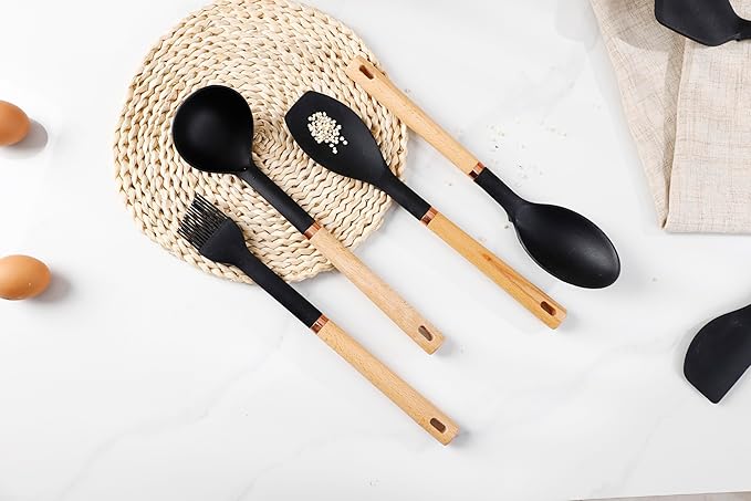 Jiufei Home Silicone Cooking Utensils Set, Kitchen Utensils Set 13 Pcs for cooking, BPA Free Spatula Set with Heat Resistant Wood Handles for Nonstick Cookware (Black)