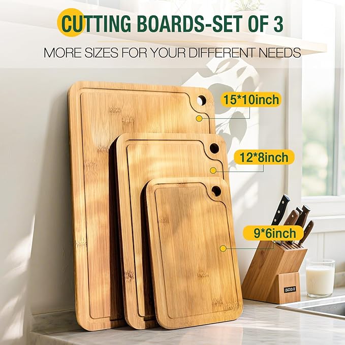 Bamboo Cutting Boards for Kitchen Set of 3, Wooden Cutting Board Non Toxic with Side Handle, HKKZYT Wood Chopping Board with Deep Juice Groove, Knife-Friendly, Kitchen Gift (Light Color)