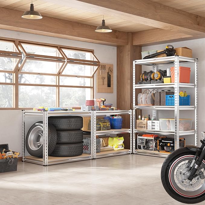REIBII 2000LBS Storage Shelves 5 Tier Garage Shelving Heavy Duty Metal Shelving Adjustable Garage Shelves for Pantry Closet Kitchen Basement 28" W x 13.8" D x 59.8" H, Silver