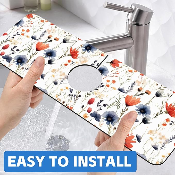 Watercolor Red and Blue Flowers Sink Faucet Absorbing Mat Sink Splash Guard Faucet Mat Draining Mat Fast Drying Sink Protectors for Kitchen and Bathroom 5.5"×15"