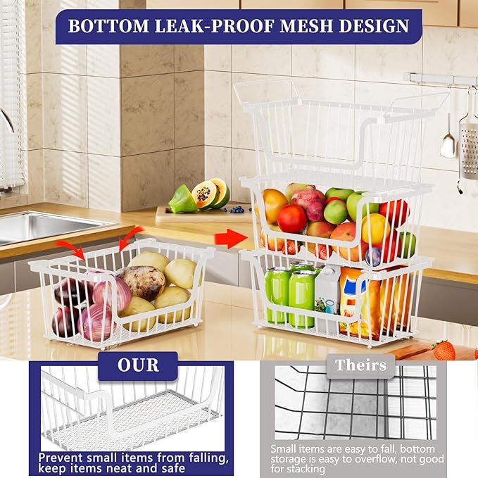 5 Pack Enhanced Leak-Proof Bottom Stackable Wire Baskets, Pantry Organizers and Storage, pantry storage，Shelf Baskets, Fruit Basket, Potato and Onion Storage Bins，(White)