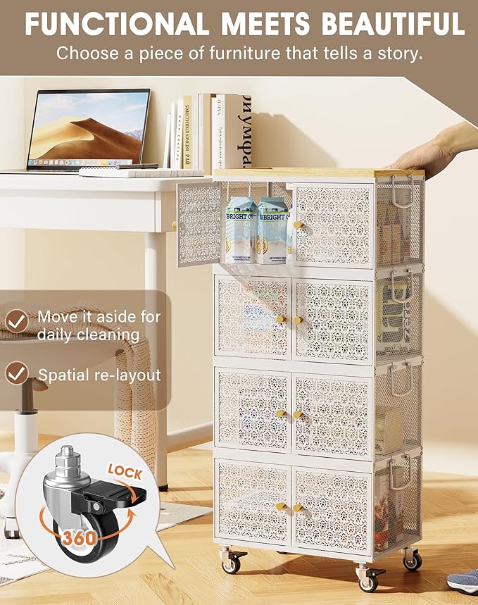 4 Tier Metal Storage Cabinet with wheels, Storage Bins with Magnetic Doors, Storage Cart for Living Room, Bedroom, Bathroom, Laundry, Kitchen