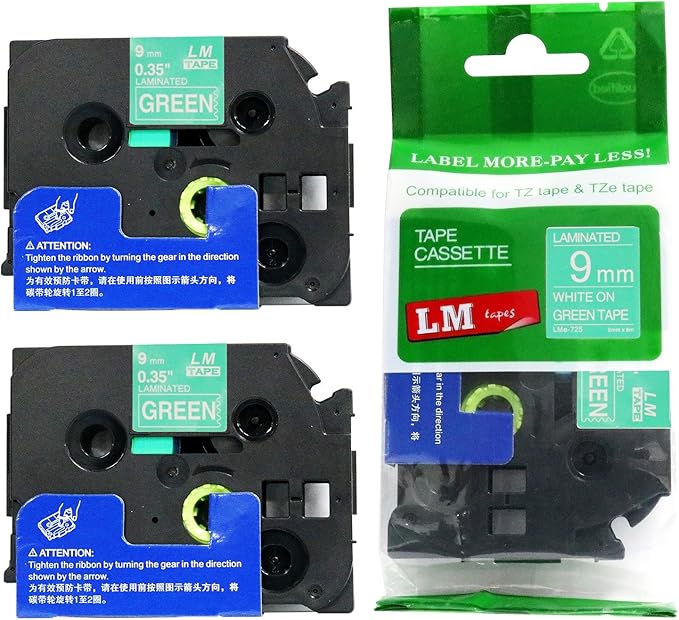 2/Pack LM Tapes - LMe725 Premium 3/8" White Print on Green Label Compatible with P-Touch TZe725 Tape and Includes Tape Color/Size Guide. Replaces Ptouch TZ725 9mm 0.35 Laminated.