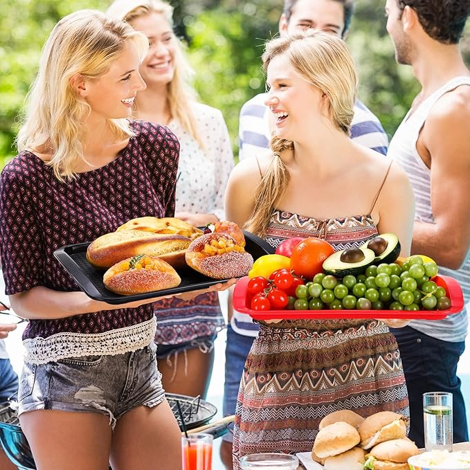 DoubleFill Set of 4 Grilling Prep and Serve Trays, 17x12 Inch 14x10 Inch Large BBQ Platter for Raw and Cooked Food Plastic Grill Tray, Black and Red Stackable Defrosting Grill Prep and Carry System