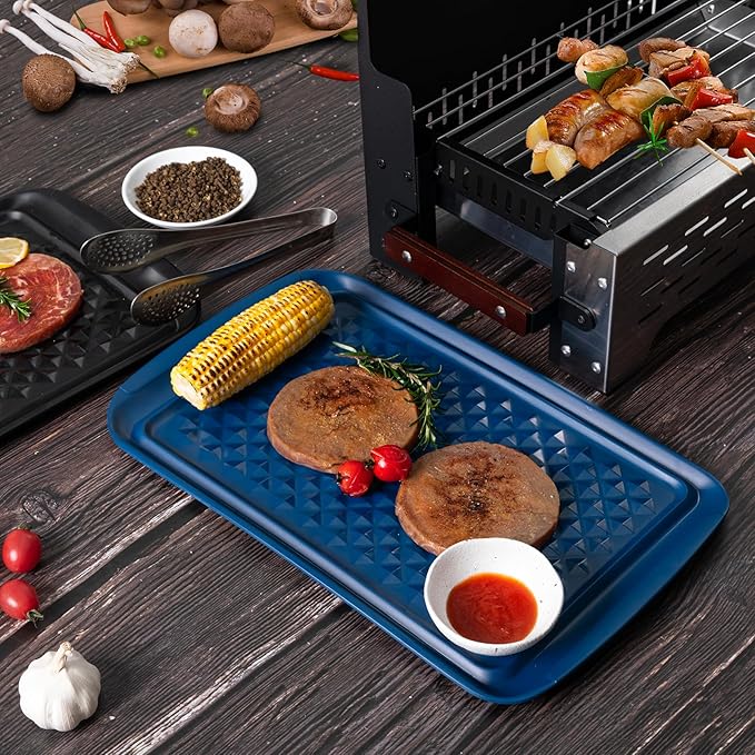 ZAROCRUS Melamine Grilling Prep and Serve Trays, Set of 2 Melamine Rectangular Serving Trays/Platters with Handle for Outdoor Parties and BBQ, Dishwasher Safe Food Tray,17''x10.5''. Blue and Black