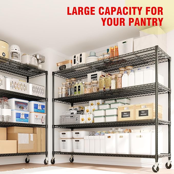59" W Storage Shelves 2640LBS Heavy Duty Garage Shelving Units with Wheels and Adjustable Shelf, 4-Tiers Wire Shelving Rack for Garage Pantry Kitchen Warehouse Industrial
