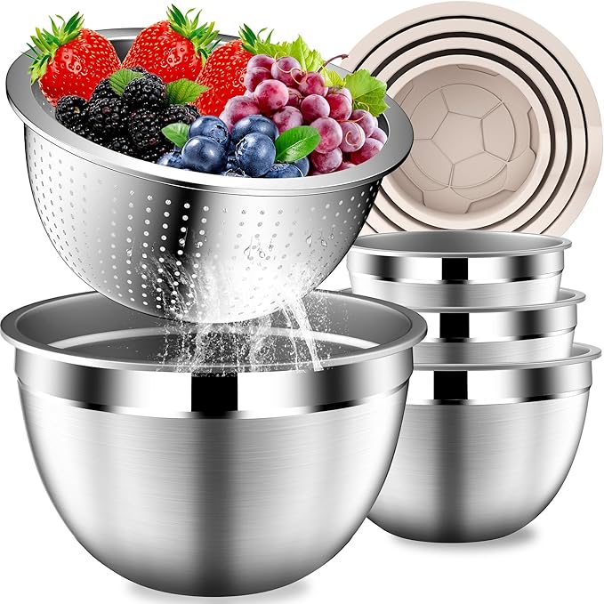 DUTZUN Stainles Steel Mixing Bowls with Lids Set, Stackable Metal Mixing Bowl with Strainer, 5-Piece - Beige