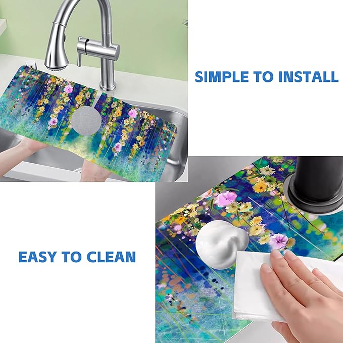 Abstract Watercolor Floral Kitchen Sink Splash Guard Mat Absorbent Fast Drying Mat Faucet Draining Mat Sink Splash Guard Behind Faucet Drip Catcher for Kitchen Bathroom 5.5"×15"