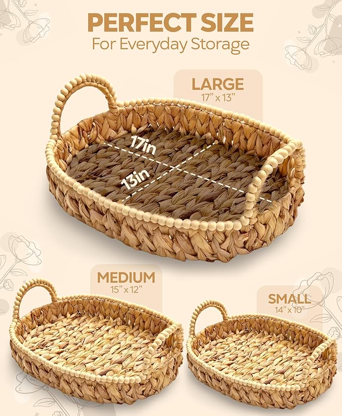 NAZOX Handwoven Water Hyacinth Storage Baskets for Toilet, Living Room, Nursery Organization - Natural Oval Set of 3 Versatile Nesting Baskets with Scalloped Edge Design & Handles