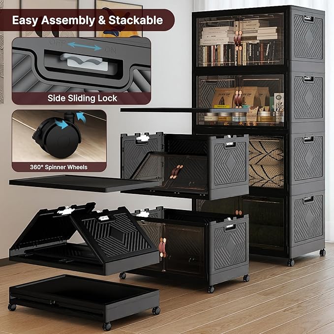 Extra Large Stackable Storage Bins with Lids & Wheels, 1344QT-168QT/42GAL*8Pack Foldable Collapsible Closet Organizers Dark Storage Cabinet with Doors for Bedroom Dorm