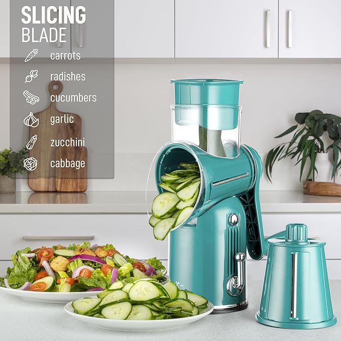 Zulay Kitchen Rotary Cheese Grater 5 Blade Cheese Shredder - Manual Hand Crank Cheese Grater With Reinforced Suction & 5 Interchangeable Drums - Easy to Use, Vegetable Chopper Round Mandoline Slicer
