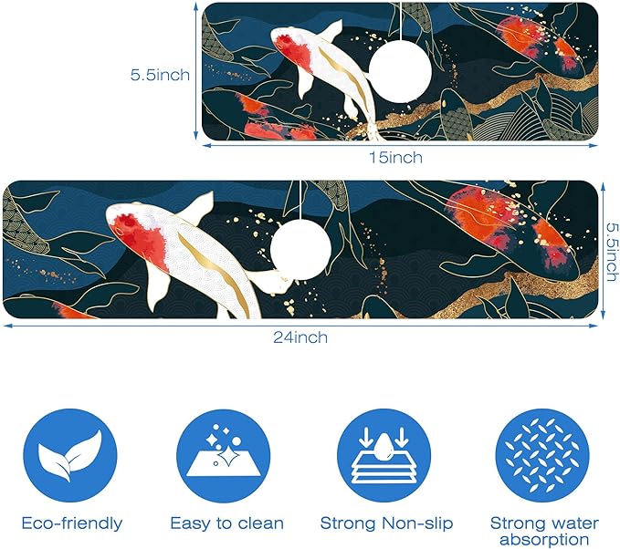 Oriental Japanese Koi Fish Sink Faucet Absorbing Mat Sink Splash Guard Faucet Mat Draining Mat Fast Drying Sink Protectors for Kitchen and Bathroom 5.5"×24"