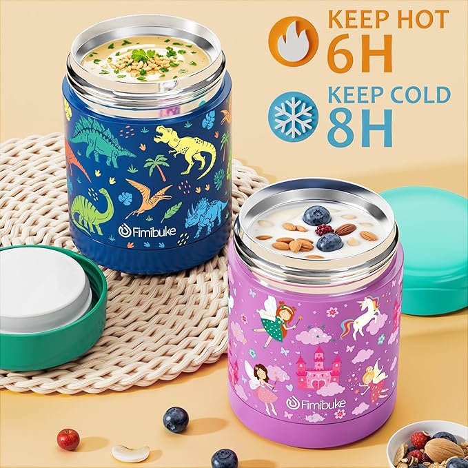 Fimibuke Bento Lunch Box for Kids with Food Jar, 32OZ Snack Lunch Container with 3 Compartments, Insulated Lunch Bag, 12OZ Leakproof Food Jar, Ice Pack Set for Age 3-12 Toddler Teen Girls Boys Daycare