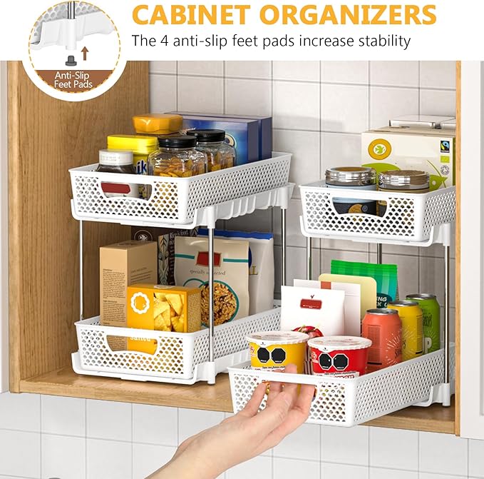 2 Pack Pull Out Bathroom Organizers and Storage, 2 Tier Stackable Under Sink Storage Organizer for Bathroom, Kitchen Cabinet, Pantry, and Medicine Holder, Organization and Storage - White