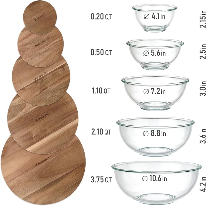 dokaworld Set of 5 Nesting Glass Bowls with New Updated Acacia Lids for Foodprep, Storage, Mixing & Cooking - Microwave & Oven-ready BPA Free Durable Heat Resistant Inert Borosilicate Glass