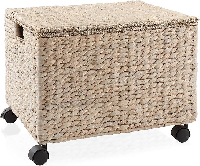 Casafield Rolling Filing Cabinet, Whitewash - Water Hyacinth File Organizer with Lid and Locking Wheels, Home Office Storage for Hanging Folders