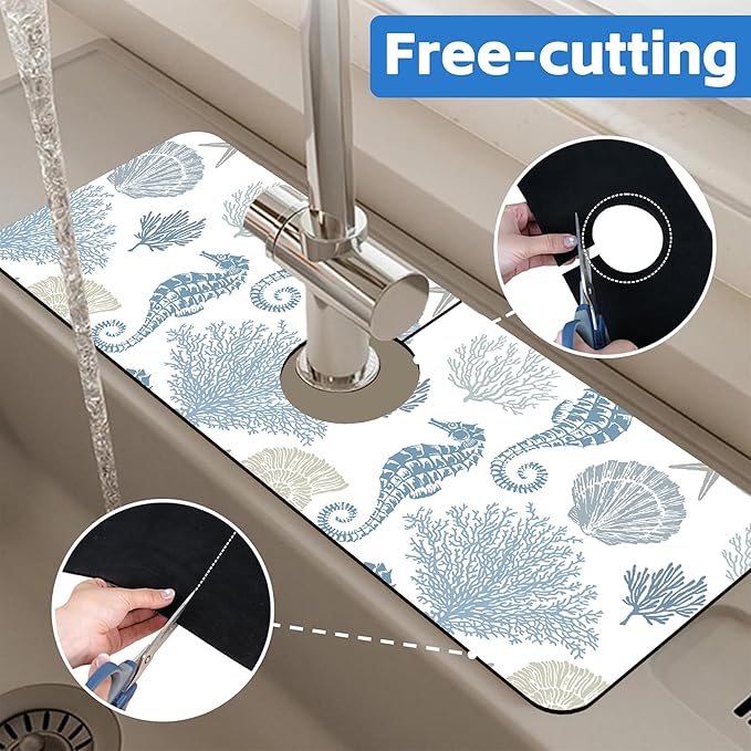 Marine Seashell Seahorse Coral Kitchen Sink Splash Guard Mat Absorbent Fast Drying Mat Faucet Draining Mat Sink Splash Guard Behind Faucet Drip Catcher for Kitchen Bathroom 5.5"×15"