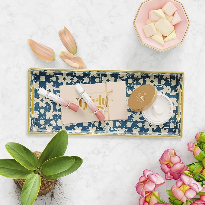 Leemxiiny Bathroom Vanity Tray for Countertop, Small Plastic Toilet Tank Tray Versatile Storage & Organization Tray for Makeup, Perfume, Desk, Kitchen, Candles, 13.7"x6"x1.4", 35Boho1