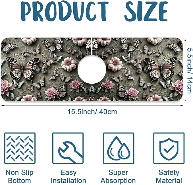 Cute Butterfly Sink Splash Guard Pink Flower Faucet Absorbing Mat Fast Drying Mat Sink Gadgets Splash Guard Behind Faucet Drip Catcher for Kitchen Bathroom, 15.5"x5.5"