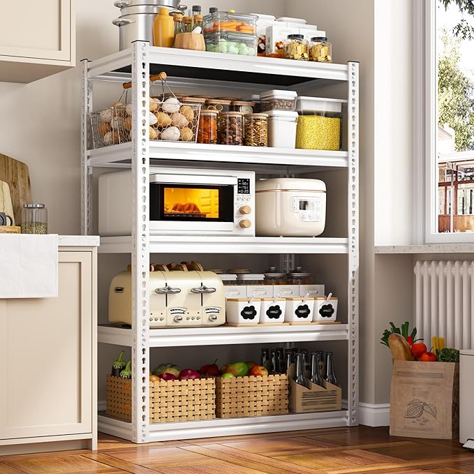 REIBII 5 Tier Storage Shelves, 2500LBS Adjustable Metal Shelving Unit, White Shelves for Pantry, Kitchen, Garage, Warehouse, 65.74" H x 33.85" W x 15.35" D, White