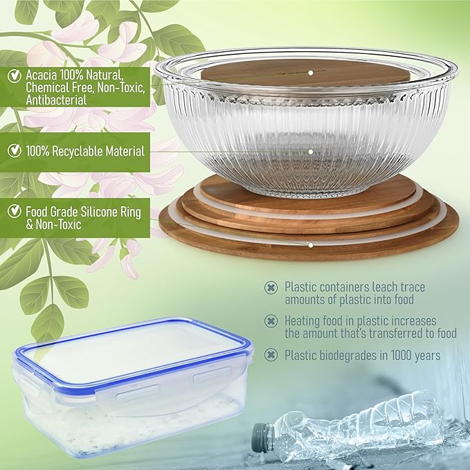 dokaworld Set of 3 Stackable Space-Saving Nesting Glass Salad Bowls with Acacia Lids for Foodprep, Storage, Baking, Mixing & Cooking - Microwave Safe Durable Inert Borosilicate Glass