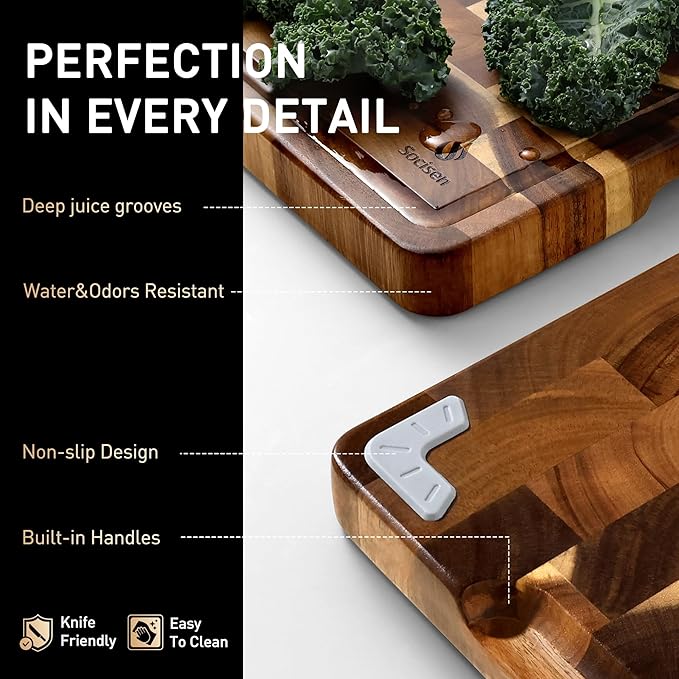 End Grain Cutting Board Set of 2 with Non-slip Feet, Reversible Acacia Wood Cutting Boards for Kitchen with Juice Grooves and Handles Non Toxic Chopping Board Butcher Block Serving Tray Kitchen Gift